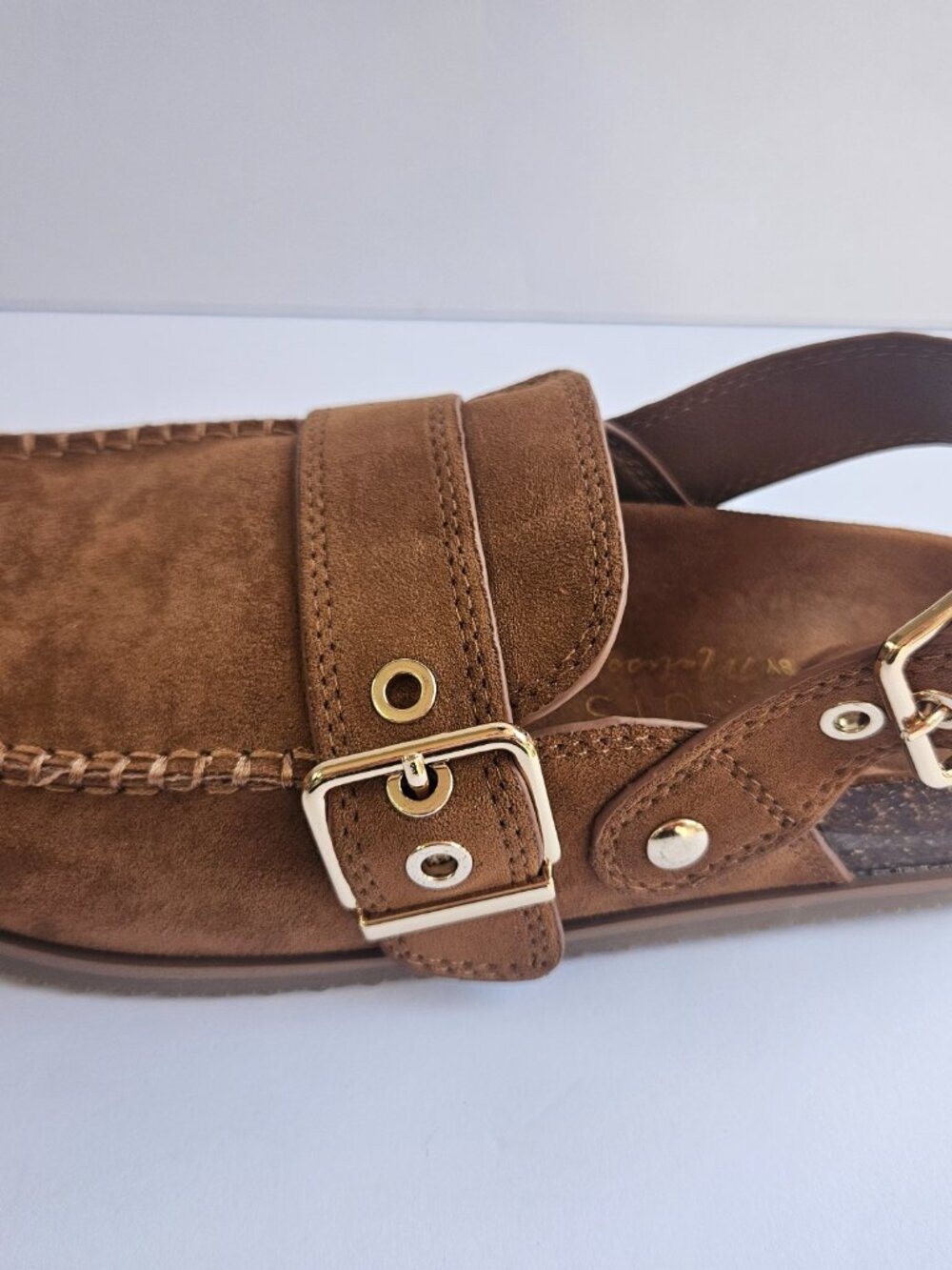 Brown Suede Buckle Clog Mule Slingback Cork Footbed Flat 7 NWT - Picture 6 of 11